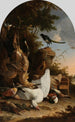 Un sac de chasseur près d'une souche avec une pie connue sous le nom de La Pie contemplative - Melchior d'Hondecoeter — näkymä teoksesta