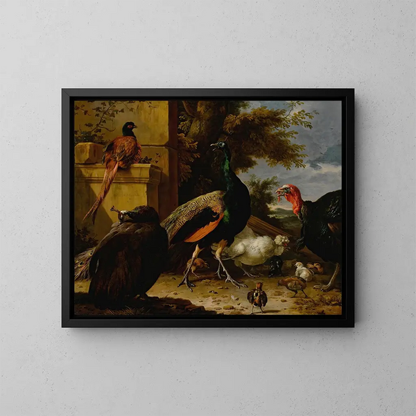 Un peacock, peahen, pheasant, turkey, rooster ja chick seinän lähellä, maiseman taustalla - Melchior d'Hondecoeter — kehystetty taideteos seinällä