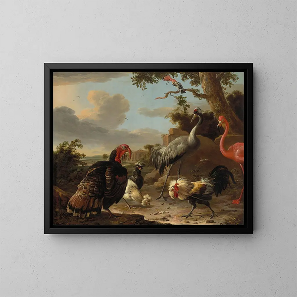 Un sarus-kurki, flamingo, villi kalkkuna pronssista, kaksi Padovan kanaa, hopeinen peli-kukko ja huphe maisemassa - Melchior d'Hondecoeter — kehystetty taideteos seinällä