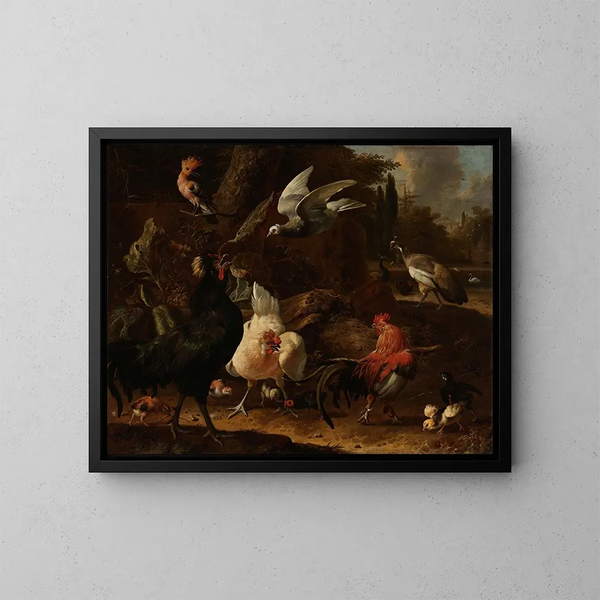Linnut puistossa - Melchior d'Hondecoeter — kehystetty taideteos seinällä