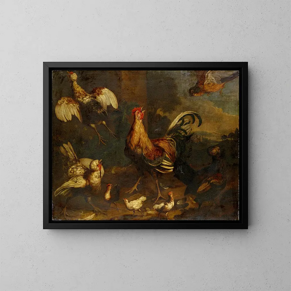 Commotion dans le poulailler - Melchior d'Hondecoeter — kehystetty taideteos seinällä