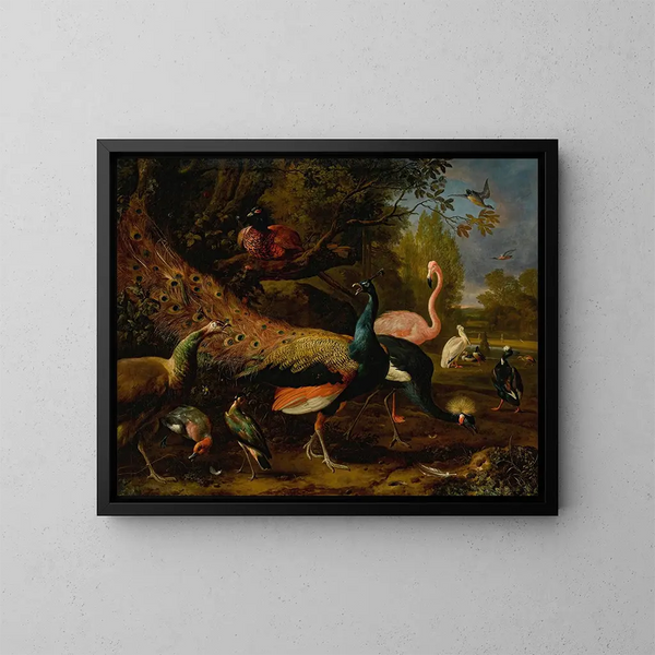 Oiseaux exotiques comprenant un paon et une paonne, un flamant, une grue africaine, un faisan, un vanneau, un canard souchet, un pélican et un canard à touffe. - Melchior d'Hondecoeter — kehystetty taideteos seinällä