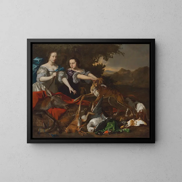Portrait d'une dame en tant que déesse Diane et son assistante avec les dépouilles de la chasse - Melchior d'Hondecoeter — kehystetty taideteos seinällä