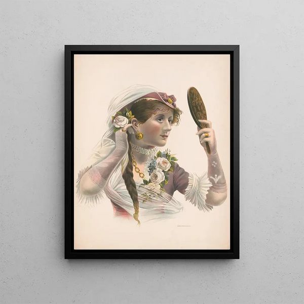 Mensing Stecher - Woman looking in mirror admiring rose in her hair.webp