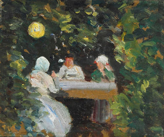 Michael Ancher - Komsammen i haven en sommeraften under lampen.webp