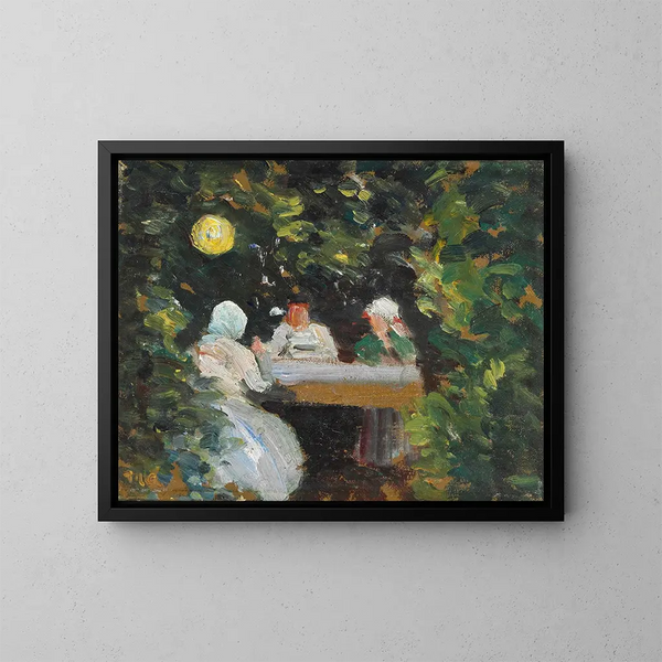 Yhtenäisyys puutarhassa eräänä kesäiltana lamppujen alla - Michael Ancher — kehystetty taideteos seinällä