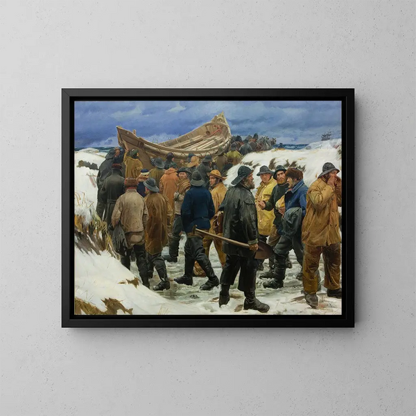 Pelastustuoli kuljetetaan dyynien läpi - Michael Ancher — kehystetty taideteos seinällä
