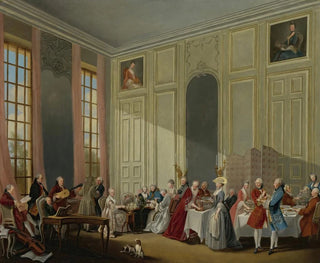Mozart antaa konsertin Quatre Glaces -salongissa Temple-palatsissa Conti-prinssin pihalla - Michel-Barthélemy Ollivier — näkymä teoksesta