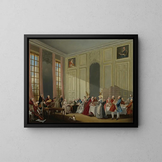 Mozart antaa konsertin Quatre Glaces -salongissa Temple-palatsissa Conti-prinssin pihalla - Michel-Barthélemy Ollivier — kehystetty taideteos seinällä