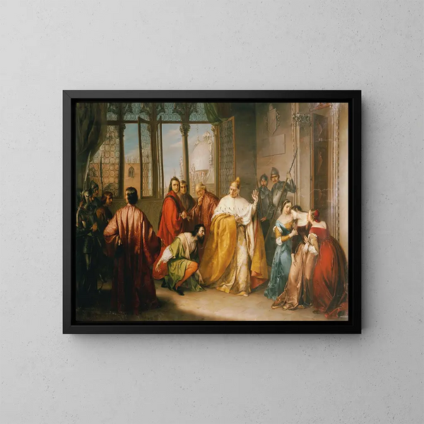 Le Doge Francesco Foscari lähettää poikansa Giacomon maanpakoon - Michelangelo Grigoletti — kehystetty taideteos seinällä