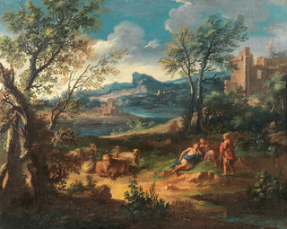 Michele Pagano - Shepherds resting with their flock by a river.webp