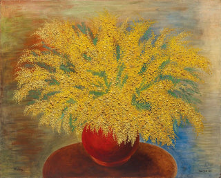 Mimosan kimppu punaisessa astiassa - Moïse Kisling — näkymä teoksesta