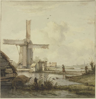 Moulin à vent devant une ville avec une haute tour, une femme marchant sur un chemin délimité - Jan Hulswit