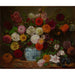 Maalauksen jäljennös luonnonkuvaus dahliasta, zinnioista, ruusupensasta ja luumuista - Eugène Delacroix