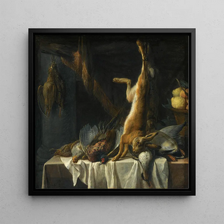 Nature morte avec un lièvre mort, un canard, un faisan et de la volaille sur une table drapée d'un linge blanc, avec un panier de fruits - Pieter van Boucle