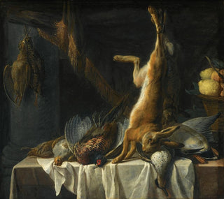 Nature morte avec un lièvre mort, un canard, un faisan et de la volaille sur une table drapée d'un linge blanc, avec un panier de fruits - Pieter van Boucle