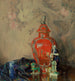Luontokuvan still life punaisella astiavaasilla ja aasialaisilla figuureilla - Emil Carlsen — näkymä teoksesta