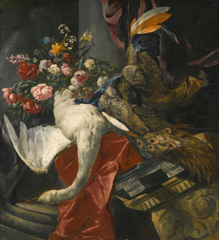 Pieter Boel - Still Life Of Peonies Roses And Other Flowers In A Terracotta Vase Together With A Swan Peacock And Boars Head Resting On A Red Drape And An Antique Architectural Fragment.webp