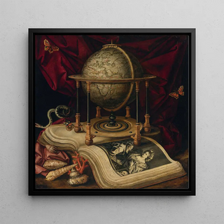 Nature morte vanitas avec un globe terrestre, un livre, des coquillages, un serpent et des papillons - Carstian Luyckx