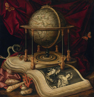 Nature morte vanitas avec un globe terrestre, un livre, des coquillages, un serpent et des papillons - Carstian Luyckx