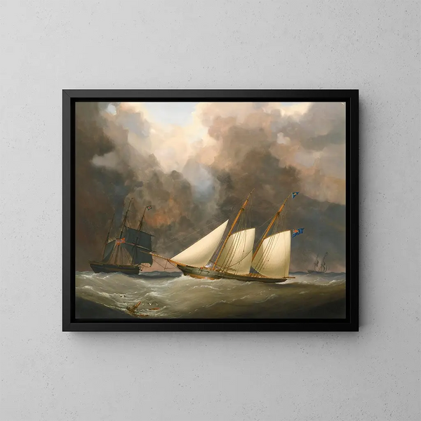 Le match des mille guinées entre la brigantin Water Witch d'Henry Bradley et le schooner Galatea de Lord Belfast - Nicholas Matthew Condy — kehystetty taideteos seinällä