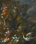 Nature morte en plein air avec des oiseaux à côté d'une fontaine sculptée ornée - Nicola Casissa — näkymä teoksesta