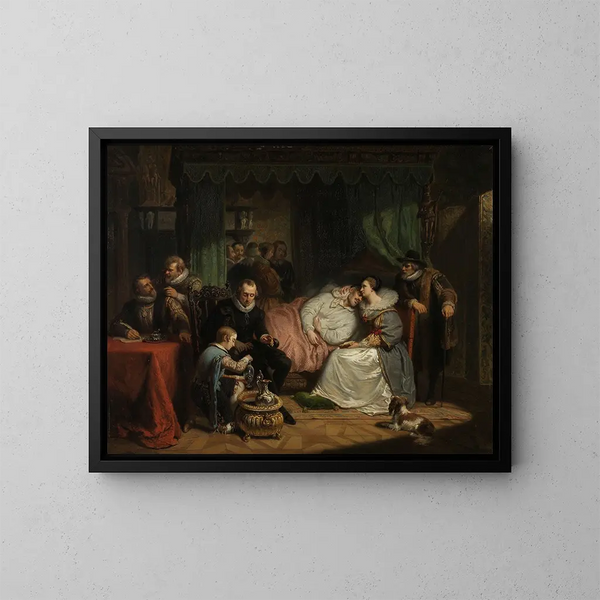 Prinssi William I imettämä hänen vaimonsa Charlotte de Bourbonin jälkeen murhayrityksestä Antwerpenissä vuonna 1582 - Nicolaas Pieneman — kehystetty taideteos seinällä