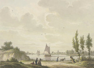 Nicolaas Wicart - Auf einem Fluss segeln drei Barken vorne auf dem Weg ein Mann mit einem Esel weiter links vier Figuren.webp