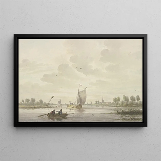 Nicolaas Wicart - Auf einem Fluss segeln einige Barken vorne ein Ruderboot.webp