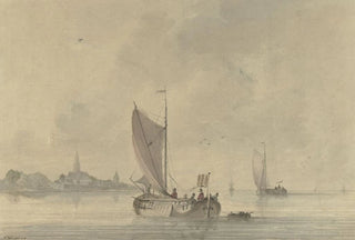 Nicolaas Wicart - Zeilende schuiten op het water voor een Hollands stadje.webp