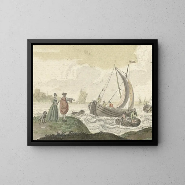 Bateaux sur une rivière venteuse - Nicolaes Aartman — kehystetty taideteos seinällä
