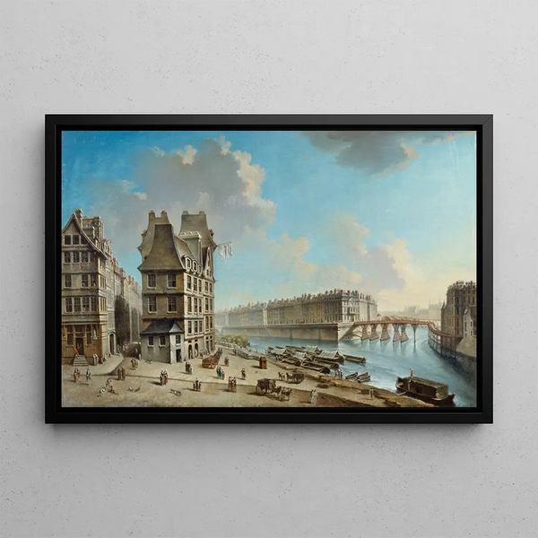 La Grève, Saint-Louis-saari ja Punainen silta nähtynä La Grève -aukiolta - Nicolas Jean-Baptiste Raguenet — kehystetty taideteos seinällä