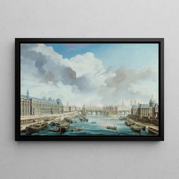 Le Louvre, Pont-Neuf ja Neljän kansan kollegium (nykyinen Ranskan instituutti) nähtynä Royal-sillalta - Nicolas Jean-Baptiste Raguenet — kehystetty taideteos seinällä