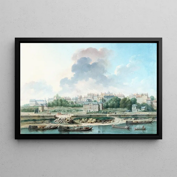 Nicolas Jean-Baptiste Raguenet: Le Quai et le Village de Passy vus de la rive gauche — kehystetty taideteos seinällä