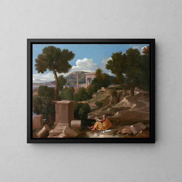 maisemasta, jossa pyhä Johannes on Patmoksen saarella - Nicolas Poussin — kehystetty taideteos seinällä