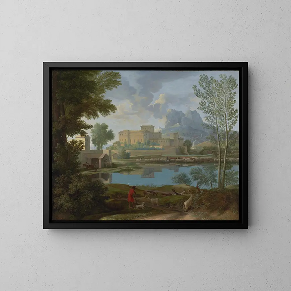 Maisema rauhallisuudella - Nicolas Poussin — kehystetty taideteos seinällä