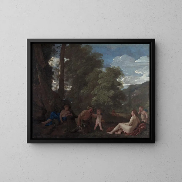 Nymfe ja satyyri maalaus, rakkaus voittaa kaiken - Nicolas Poussin — kehystetty taideteos seinällä