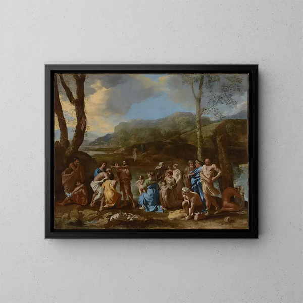 Pyhä Johannes Kastaja Jordan-joessa - Nicolas Poussin — kehystetty taideteos seinällä