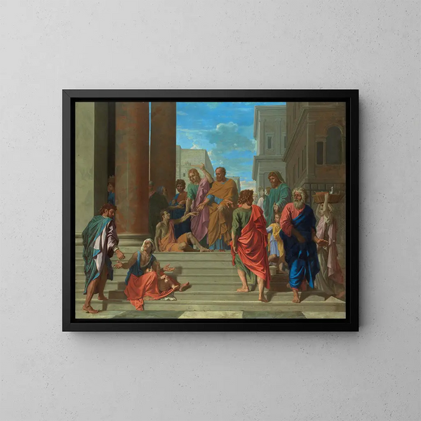Pyhät Pietari ja Johannes parantamassa halvaantunutta - Nicolas Poussin — kehystetty taideteos seinällä