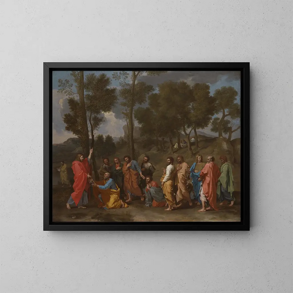 Pappisvihkimyksen sakramentti: Kristus luovuttaa avaimet Pyhälle Pietarille - Nicolas Poussin — kehystetty taideteos seinällä