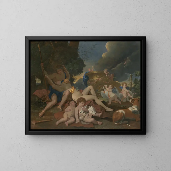 Venus ja Adonis - Nicolas Poussin — kehystetty taideteos seinällä
