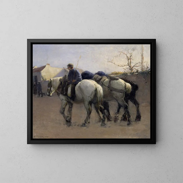 Rue de village français avec des chevaux - Nils Kreuger — kehystetty taideteos seinällä