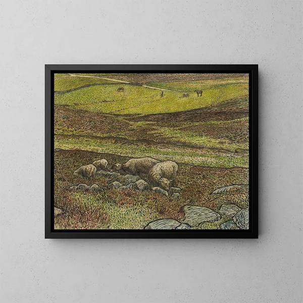 Moutons dans un vallon - Nils Kreuger — kehystetty taideteos seinällä