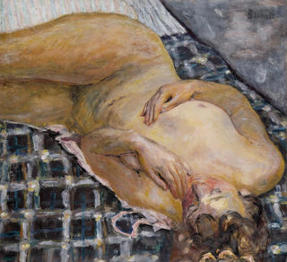 Nu couché contre un plaid blanc et bleu - Pierre Bonnard