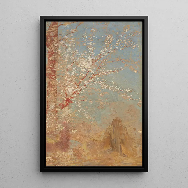 Hahmo kukkivan puun alla - Odilon Redon — kehystetty taideteos seinällä