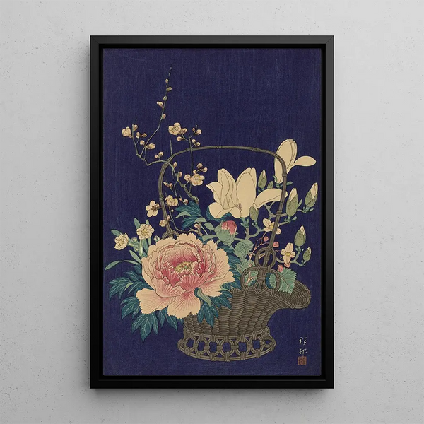 kukkakori bambusta - Ohara Koson — kehystetty taideteos seinällä