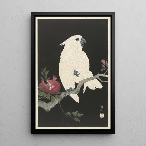 Kakadua ja granaattiomena | Ohara Koson — kehystetty taideteos seinällä