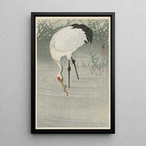 Haikara kalastelemassa matalassa vedessä | Ohara Koson — kehystetty taideteos seinällä
