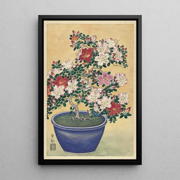 Azalea kukassa sinisessä ruukussa - Ohara Koson — kehystetty taideteos seinällä