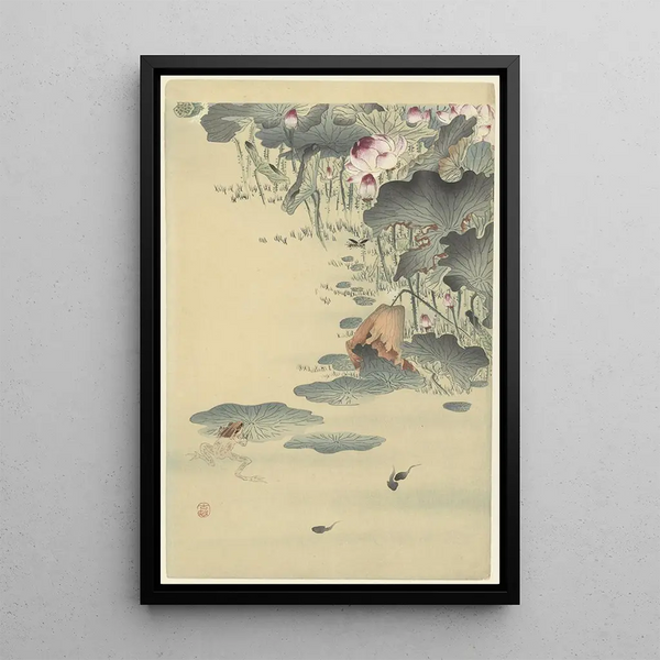 Sammakko ja toukat - Ohara Koson — kehystetty taideteos seinällä